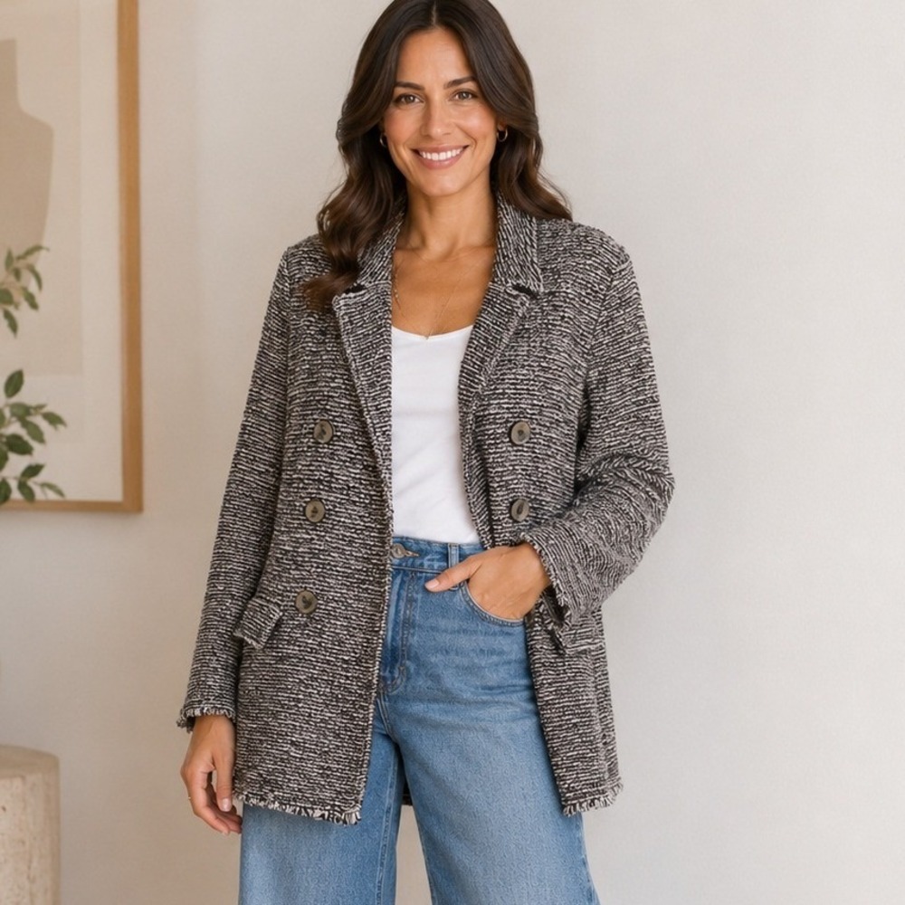 CHICOS Double Breasted Fringe Knit Blazer Cotton All Seasons Preppy Academia L